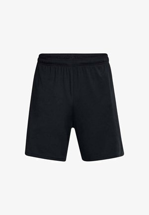 Black athletic shorts made of lightweight, smooth fabric with an elastic waistband, featuring a loose-fitting design and no pockets.
