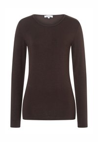 Braunes Langarmshirt aus weichem, leichtem Stoff; hat einen runden Halsausschnitt und eine figurbetonte Silhouette. Keine sichtbaren Muster oder Akzente.