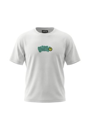 T-shirt bianca a maniche corte con testo stilizzato verde "Barrow" e una faccina sorridente gialla sul petto, mostrata su uno sfondo semplice.