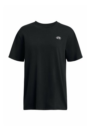 Camiseta de algodón negra con cuello redondo y mangas cortas. Presenta un pequeño logo blanco en el pecho y una silueta relajada.