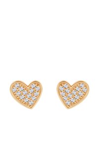 Złote kolczyki w kształcie serca ozdobione przezroczystymi kryształami osadzonymi na teksturowanym tle. Gładkie krawędzie z polerowanym wykończeniem.
