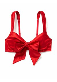 Roter Satin-BH mit verstellbaren Trägern und einer großen Schleifendekoration an der Vorderseite. Glatte Textur, strukturierter Cup-Design und lebendige Farbe.