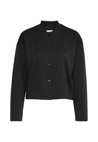 Czarna krótka kurtka z okrągłym dekoltem, zapinana na guziki, z długimi rękawami. Tkanina ma teksturowany wzór, który dodaje głębi.