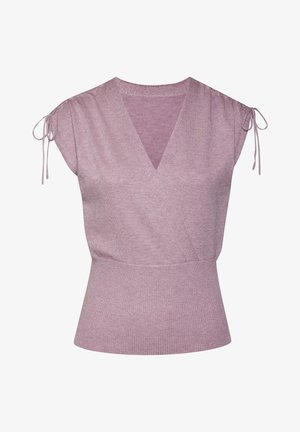Bezrękawnik w kolorze mauve z dzianiny, z dekoltem w serek, kopertowym przodem, szerokim prążkowanym pasem i wiązanymi sznurkami na ramionach.