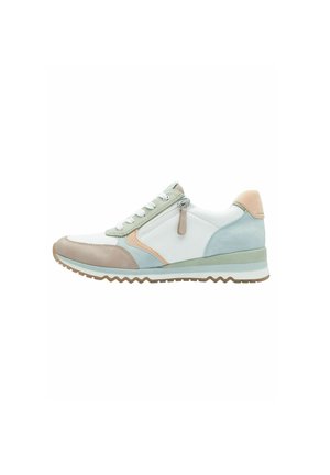 Sneaker con una combinazione di colori bianco e pastello. Presenta suede testurizzato e pelle liscia, una cerniera laterale e un design del suola a zigzag.