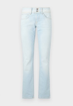Lichtblauwe flared jeans, gemaakt van denim, beschikken over een twee-knops sluiting, vijf zakken en subtiele vervaagde details door de stof heen.