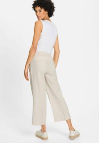 Light beige wide-leg pants with an elastic waistband and two back pockets, paired with a white sleeveless top and light-colored shoes.