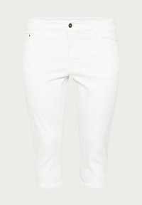 Jeans blancos recortados de denim con una textura suave. Presenta un botón frontal, dos bolsillos laterales y un diseño clásico de cinco bolsillos.