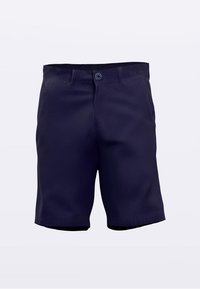 Tumesinised lühikesed püksid, mis on valmistatud siledast kangast, varustatud nööpkinnituse ja esitaskutega, sirge lõike ja puhta viimistlusega.