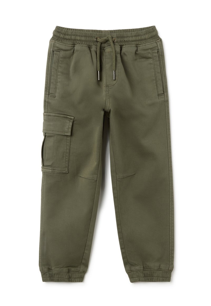 Olijfgroene cargobroek met een elastische tailleband, trekkoord en zijzakken. Gemaakt van een zachte, duurzame stof met een gladde textuur.