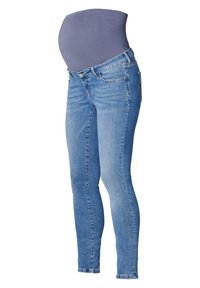 Těhotenské džíny s modrým elastickým panelem v pase, z lehké modré džínoviny, slim fit, s klasickým pětimístným designem a mírným světláním.