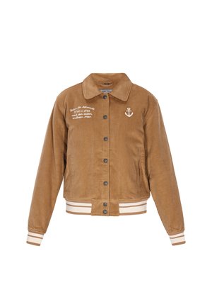 Brun fløjljakke med knaplukning foran, ribbede manchetter og kant, broderet Anker-logo og hvid tekst på venstre side.