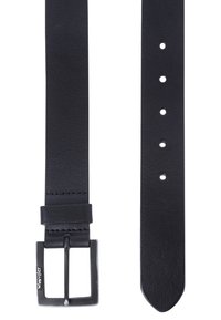Zwarte leren riem met een gladde textuur, voorzien van een rechthoekige metalen b buckle en vijf verstelgaten. De uiteinden lopen tapers naar een punt.