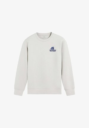 Hellgrauer Sweatshirt mit Rundhalsausschnitt und langen Ärmeln. Über dem linken Brustbereich befindet sich ein blauer Grafikdruck mit Text. Glatte Stoffoberfläche.