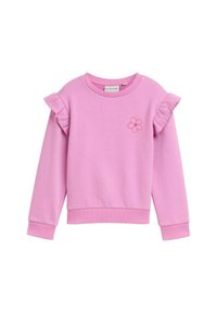 Rosa Sweatshirt mit Rüschensäumen, rundem Halsausschnitt und kleiner Blumenstickerei auf der Vorderseite. Hergestellt aus weichem Baumwollmaterial.