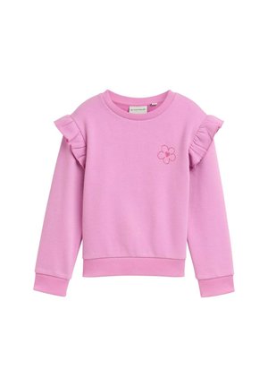 Sweatshirt rose avec des manches volantes, col rond et une petite broderie florale sur le devant. Fabriqué en coton doux.