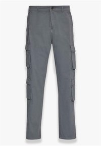 Grå cargo-bukser lavet af bomuld med flere sidelommer og lige ben. Har en frontknaplukning og fine syninger.