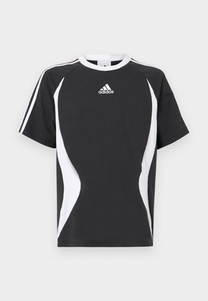 Musta lyhythihainen t-paita, jossa valkoiset suunnitteluelementit ja Adidas-logo rinnassa. Valmistettu pehmeästä puuvillamateriaalista, pyöreällä kaula-aukolla.