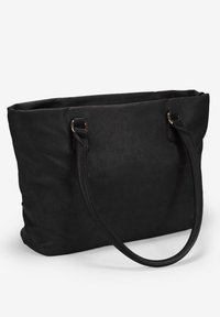 Bolso tote de piel sintética negra con dos asas delgadas, textura suave, forma rectangular y diseño minimalista. Sin hardware ni acentos visibles.