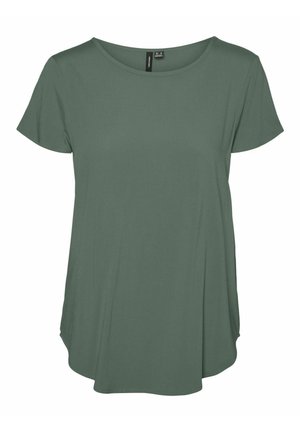 Olivza zaļš īsu piedurkņu T-krekls ar apaļo kakla izgriezumu, mīkstu audumu un brīvu piegriezumu, ar nedaudz izliekta apakšmala un bez redzamām rakstu izdrukām.