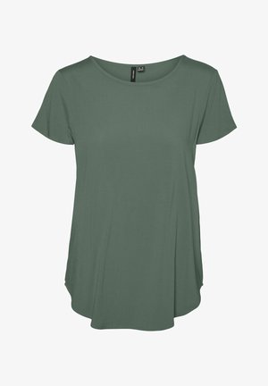 Olívovo zelené tričko s krátkym rukávom a okrúhlym výstrihom, vyrobené z mäkkej látky a s voľným strihom, s mierne zakriveným lemom a bez viditeľných vzorov.