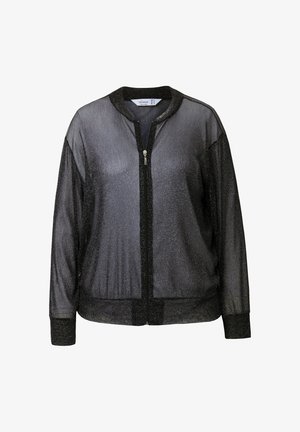 Veste bomber métallique noire avec fermeture éclair à l'avant, col et poignets côtelés, tissu transparent et subtil éclat dans l'ensemble.
