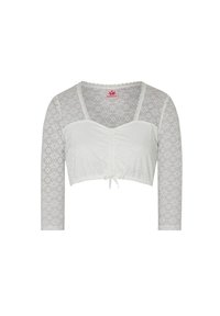 Biely čipkový crop top s trojštvrťovými rukávmi, s V-výstrihom, nariasením a uzatváraním na prednej strane. Textúrovaný kvetinový vzor po celej ploche.