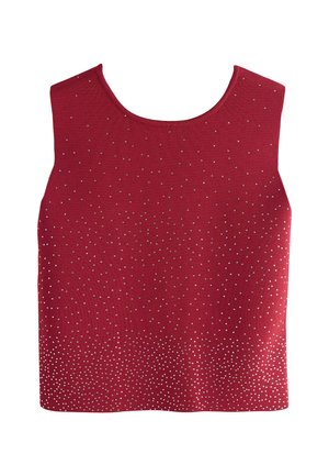 Rød strikket tanktop med rund hals og et gradient af sølvnitter fra top til bund. Glat tekstur, ærmeløs design.