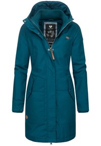 Teal waterproof coat with a zip and snap closure, featuring a hood, two front pockets, and a textured inner lining.