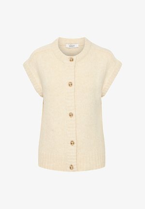 Beige stickad cardigan med korta ärmar, med en rund halsringning och fem stora gyllene knappar framtill. Ribbad nederkant.