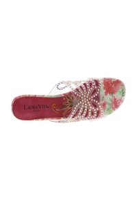 Transparent slide sandal with a floral fabric in pink, green, and cream. Features decorative pearl-like accents on the upper.