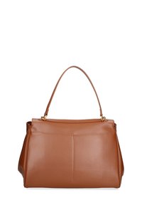 Borsa a mano in pelle marrone con forma strutturata, manico singolo e dettagli in metallo dorato. Texture liscia con delicate cuciture decorative.