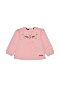 Camicetta rosa a maniche lunghe in tessuto morbido, con ricamo floreale e dettagli con bottoni sulle spalle. Stile plissettato in vita.