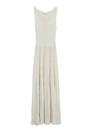 Beiges ärmelloses Maxikleid mit Rundhalsausschnitt und plissiertem Rock aus leichtem Strickstoff.
