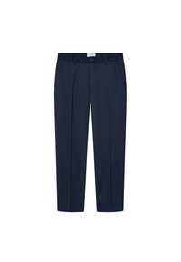 Tummansiniset housut, jotka on valmistettu sileästä kankaasta, suoranlahkeiset malli, etutaskut ja napitus vyötäröllä.