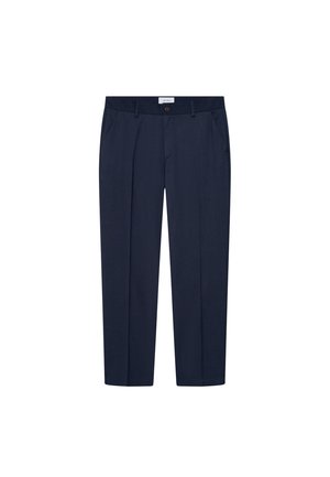 Námornické modré kalhoty vyrobené z hladké látky, s rovnou nohavicí, předními kapsami a knoflíkovým zapínáním v pase.
