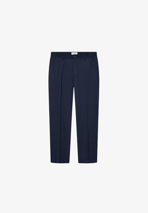 Morske modre hlače iz gladkega blaga, s straight leg dizajnom, sprednjimi žepi in gumbom za zapiranje v pasu.
