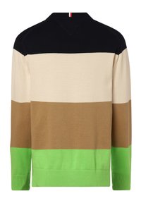 Gestreifter Strickpullover in Marineblau, Beige, Braun und Grün. Verfügt über einen gerippten Saum und Kragen mit einem kleinen roten und weißen Akzent auf der Rückseite.