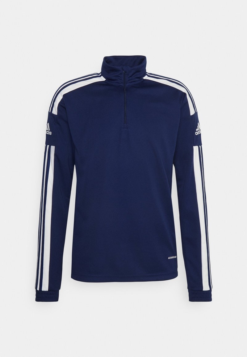 Námořnický pulovr s polovičním zipem, dlouhými rukávy a bílými postranními pruhy. Na lemu má označení "Aeroready" a logo Adidas na rukávu.