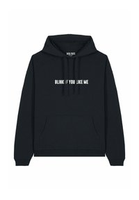 Zwarte hoodie met een voorvak en witte tekst met de woorden "BLINK | IF YOU LIKE ME." Voorzien van trekkoord en geribbelde manchetten. Gemaakt van zacht materiaal.