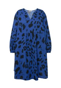 Robe bleue à manches longues, décolleté en V et imprimé léopard noir. Offre un design fluide et superposé en tissu texturé.
