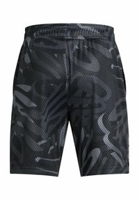 Bermudas de malla negras con un diseño estampado en diferentes tonos de gris. Cintura elástica, corte relajado. Adecuadas para uso atlético.
