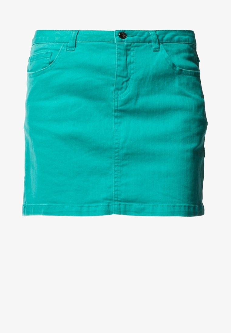 Jupe en denim turquoise avec un design ajusté, poche avant, fermeture par bouton et coutures visibles le long de l'ourlet.