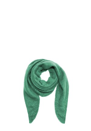 Soft green wool scarf folded in a loose loop with two ends hanging down against a white background.