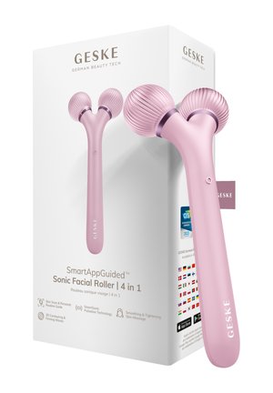 Rouleau facial sonique à double bille rose avec poignée ergonomique présenté à côté d'une boîte d'emballage blanche étiquetée "GESKE German Beauty Tech."