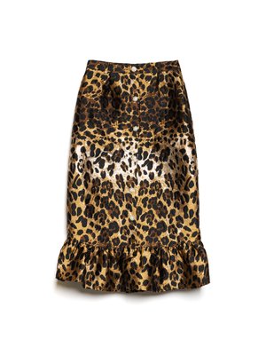 Leopardprint midi nederdel i guld og sort, med en flæsekant, knaplukning foran og tætsiddende design. Fremstillet af et glat stof.