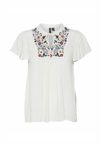 Hvid bluse med korte, flagrende ærmer, som har farverig blomsterbroderi langs halsudskæringen og et bånddetalje. Letvægtigt stof.