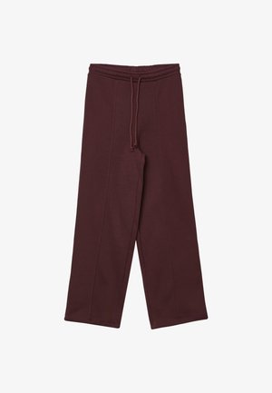 Pantaloni sportivi bordeaux con cintura elastica, coulisse, gambe ampia e dettagli di cuciture verticali per un fit e uno stile rilassati.