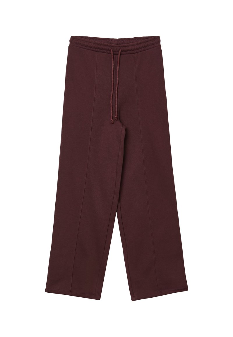 Pantaloni sportivi bordeaux con cintura elastica, coulisse, gambe ampia e dettagli di cuciture verticali per un fit e uno stile rilassati.