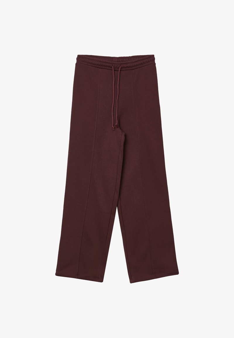 Pantaloni sportivi bordeaux con cintura elastica, coulisse, gambe ampia e dettagli di cuciture verticali per un fit e uno stile rilassati.